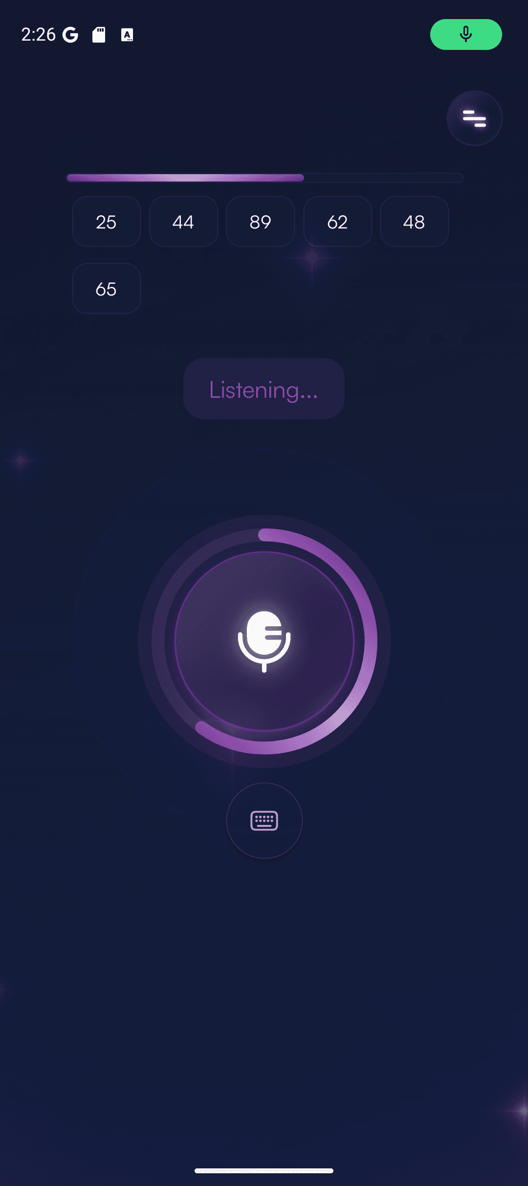 Voice entry listening screen with number chips