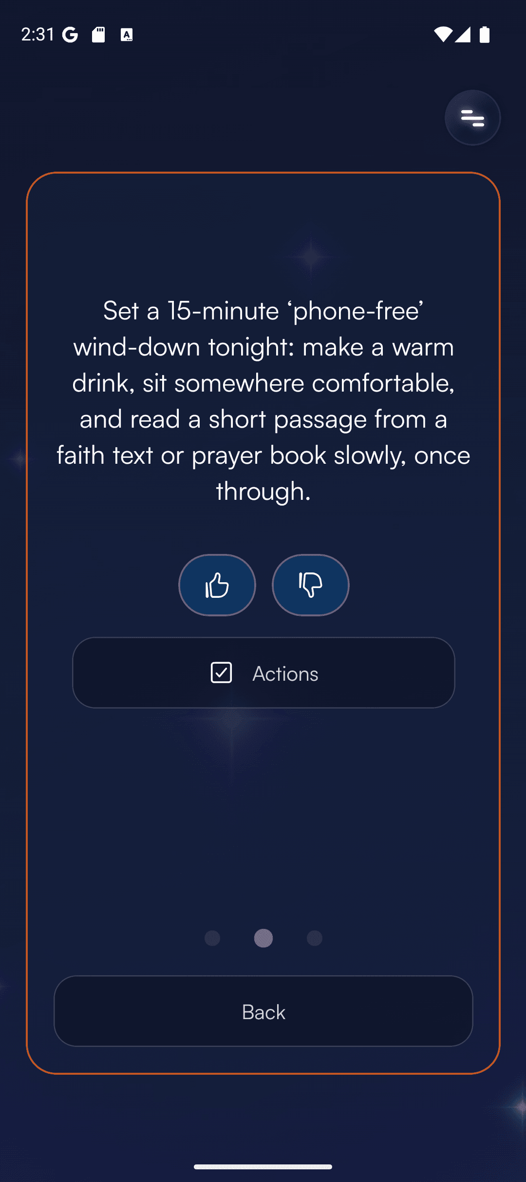 Daily action card with thumbs feedback