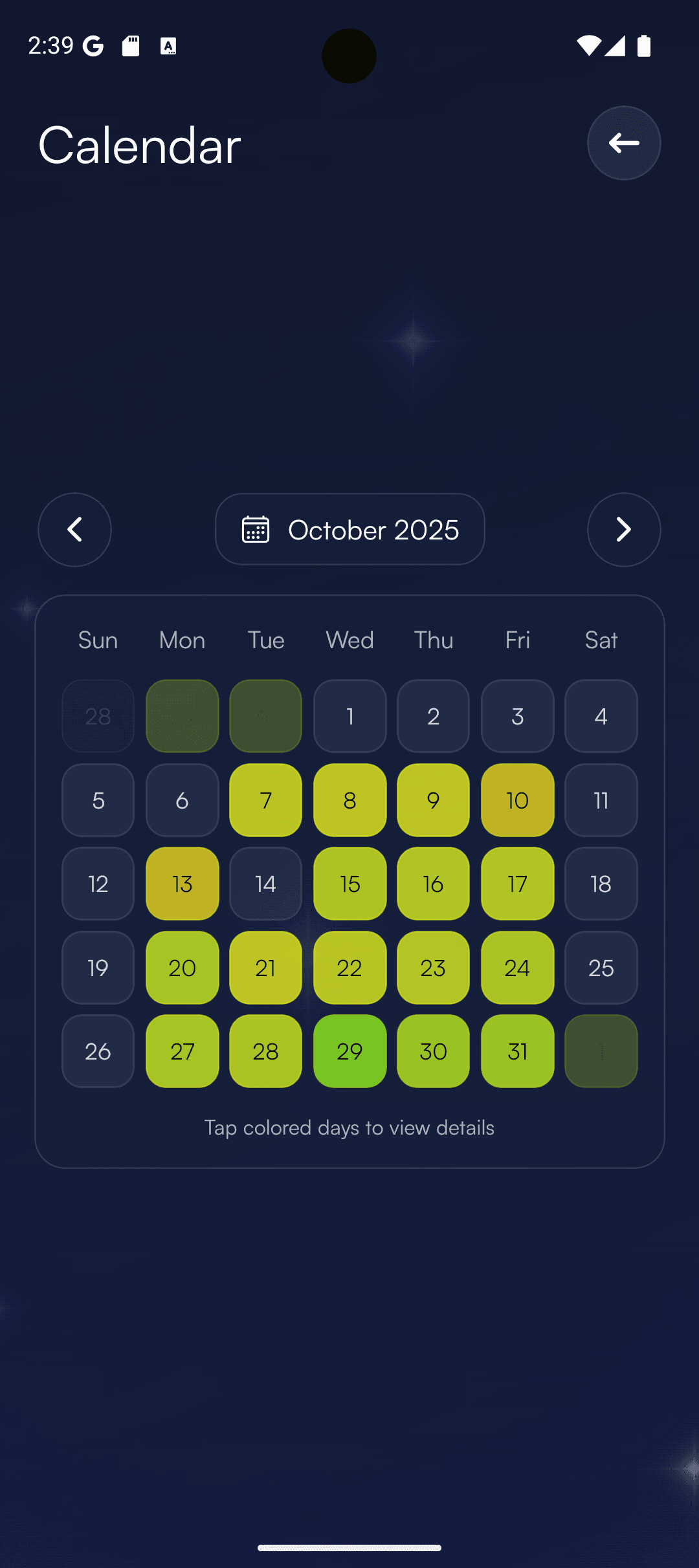 Month view with colored days