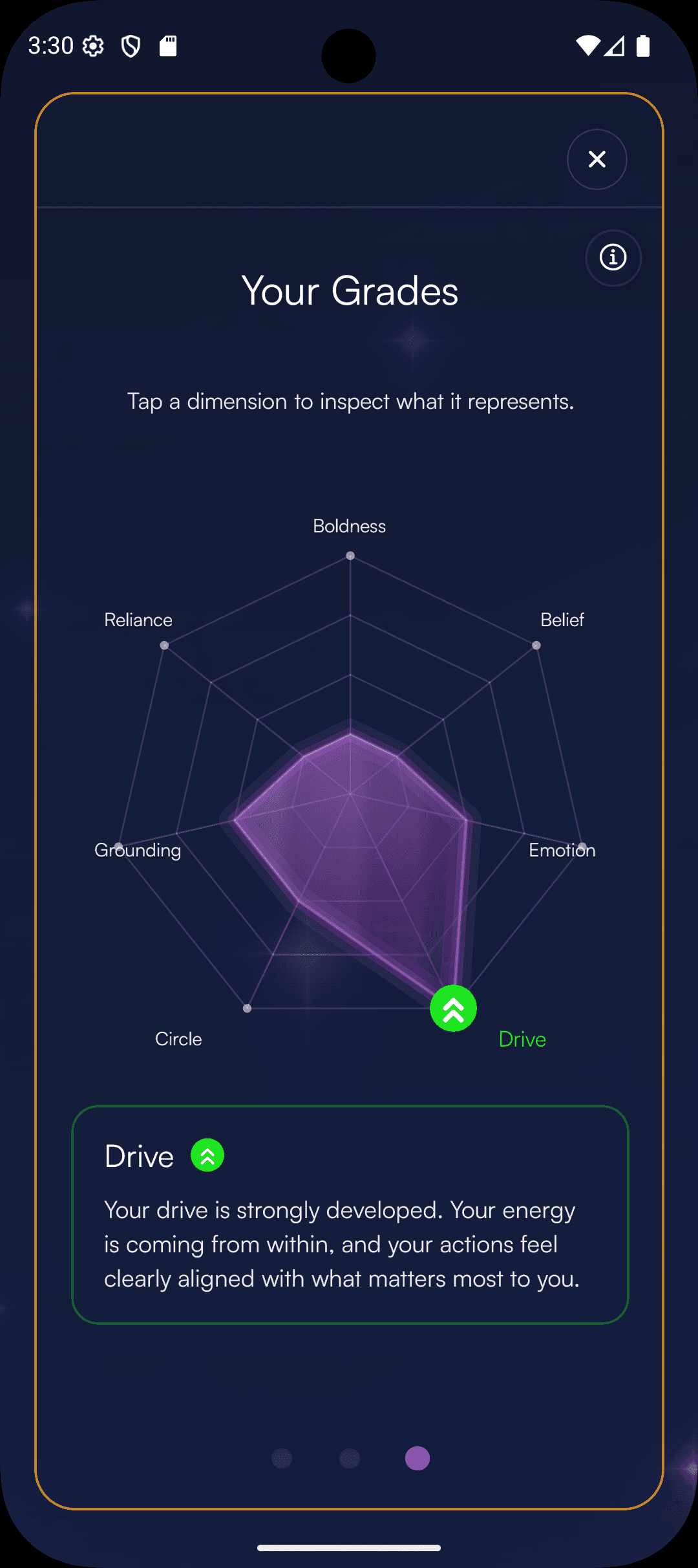 Radar chart showing grades across seven dimensions