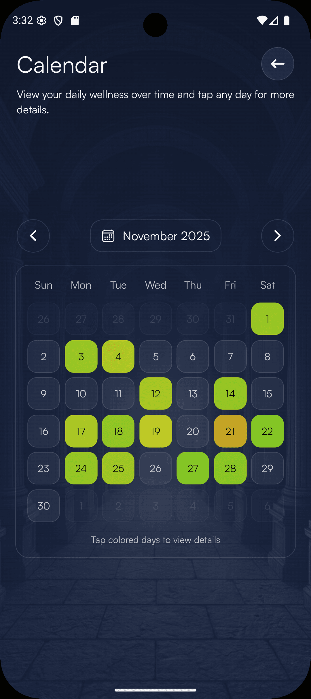 Month view with colored days
